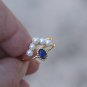14 Gold Vermeil Pearl Ring Silver Double Layered Adjustable Open Ring Dark Blue Crown Ring