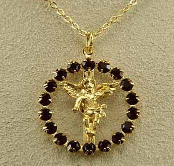 Ruby Crystal Gold Cupid Pendant and Chain