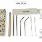 Stainless steel straw set 4 straws - 2 cotton brushes - 1 linen pouch - 1 wooden carry case