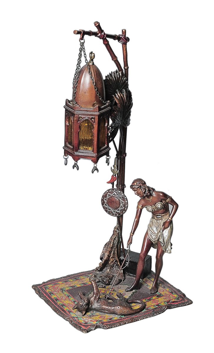 Decor Art. Austria. Chotka Bronze Lamp Arab girl playing with a puma.