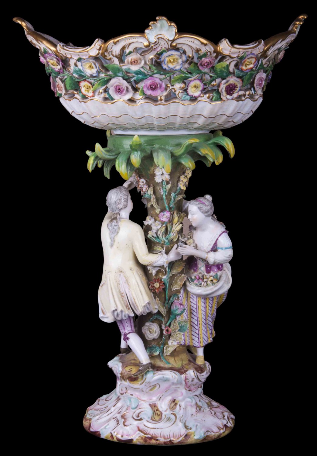 Decor Art. Germany. Meissen Fruits vase with figurines of A Lady and A Suitor.
