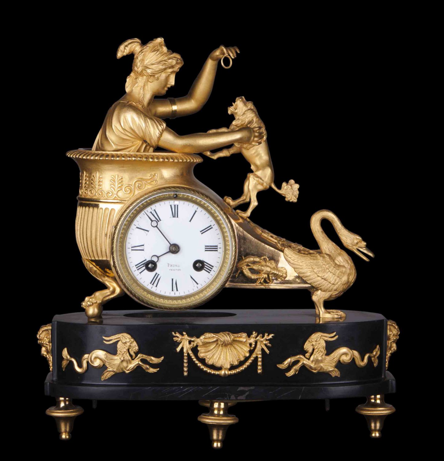 Decor Art France Faure Menton Bronze Mantle clock Lady with a dog Empire style