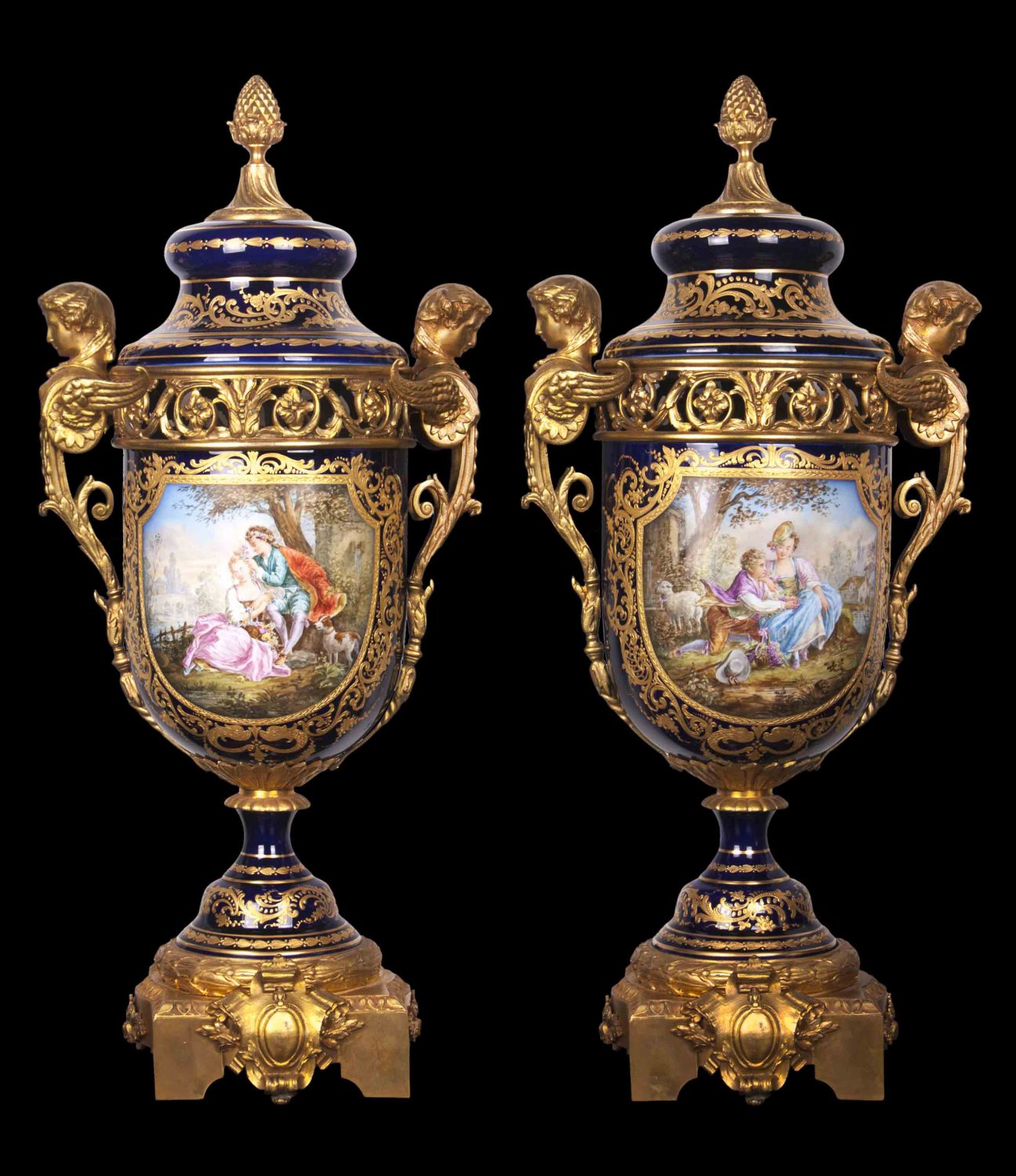 Decor Art France Sevres Porcelain Decorative Vases Bronze handles Winged sirens