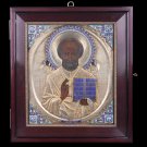 Decor Art Russia Silver Enamel Icon of Saint Nicholas the Wonderworker in kyot