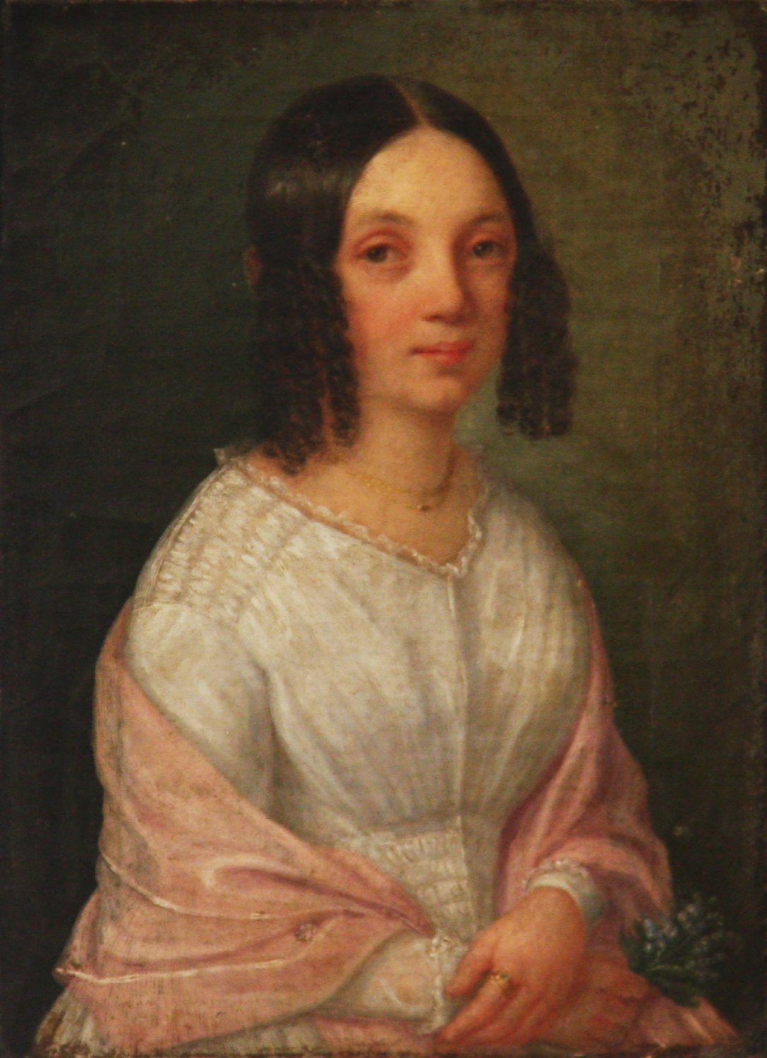 Original painting: Portrait of a girl in a white dress. Biedermeier. Unknown German artist