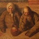 Original Russian painting: Family sitting at the table. Unknown Russian artist
