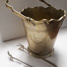 Antique brass bucket for chilling champagne or wines, with ice collector and ice tongs.
