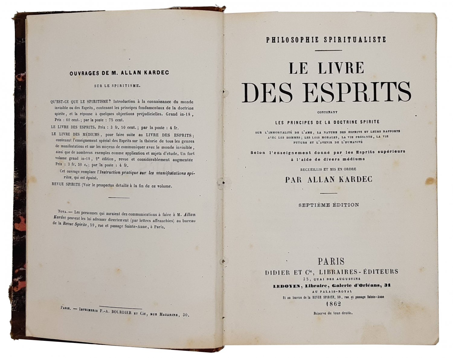 Allan Kardec Lifetime Edition Rare Antique Le livre des esprits Paris 1862