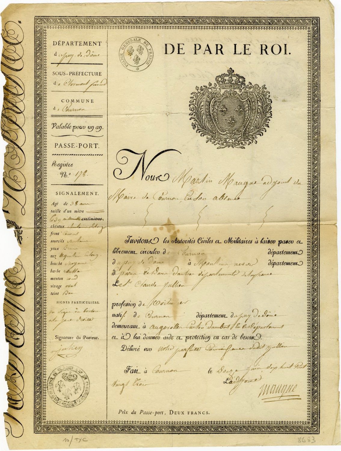 Passport in the name of Claude Julien, France, 1823, Louis XVI