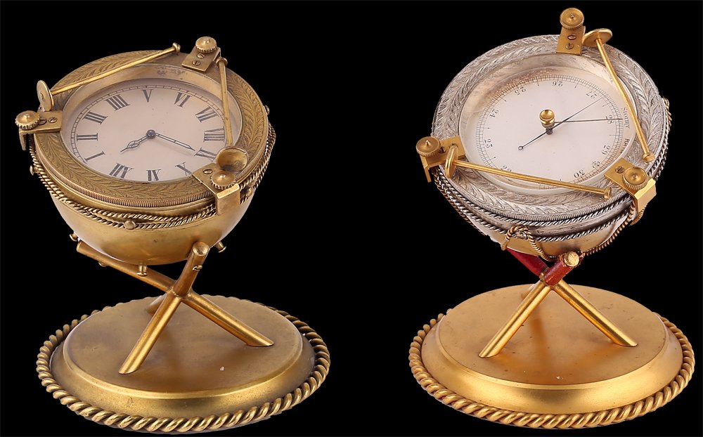 Decor Art. England. Brass Desk clock and a barometer. Military 