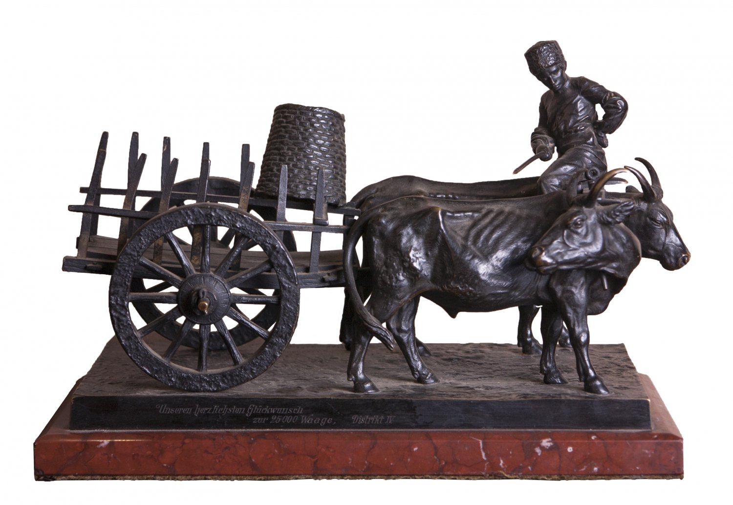 Decor Art. Germany. Wolf Bronze Sculpture A Boy on a cart drawn by four oxen