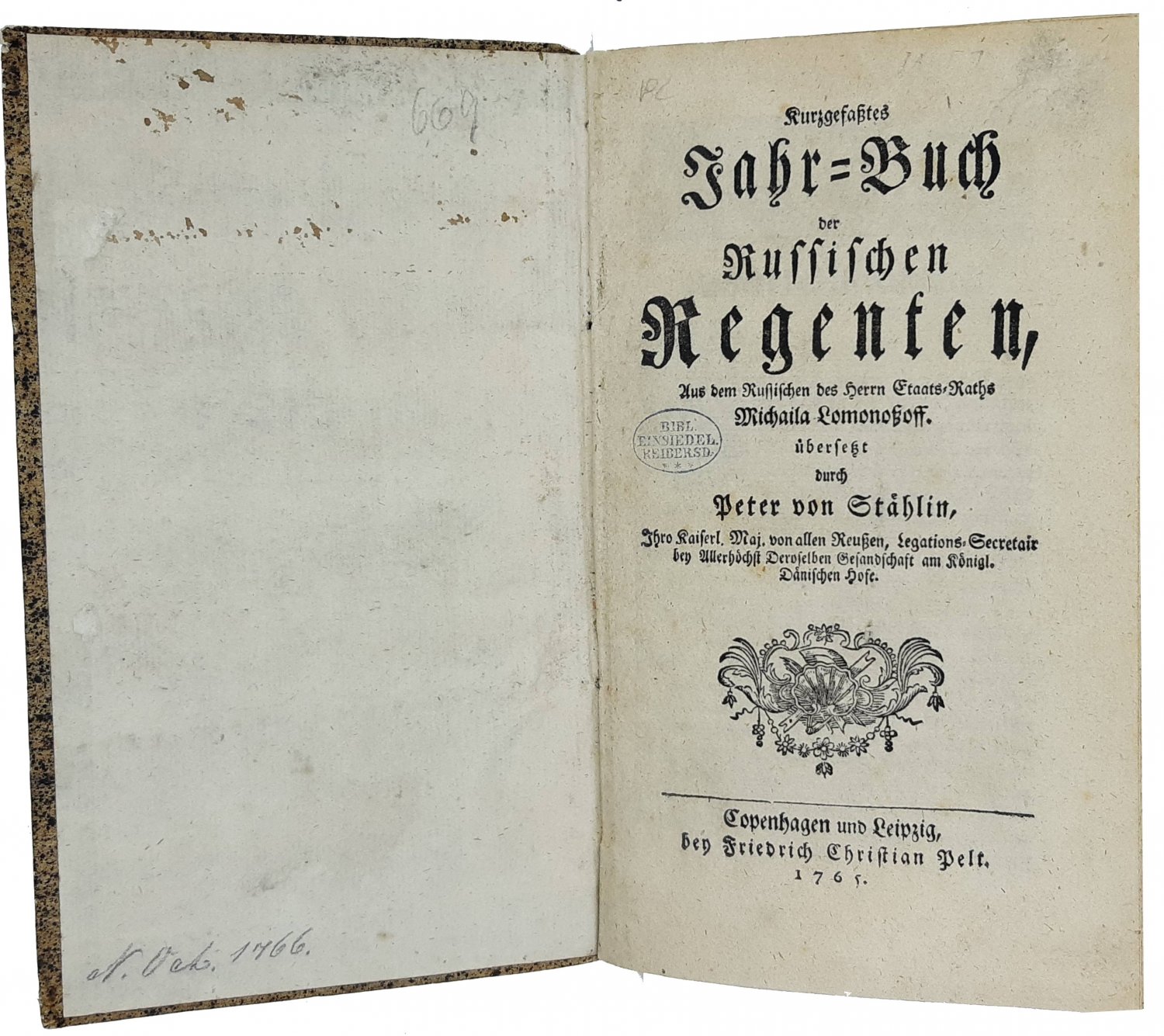 Lomonosov, M. Kurzgefasstes Jahrbuch der Russischen Regenten, 1765. In German.