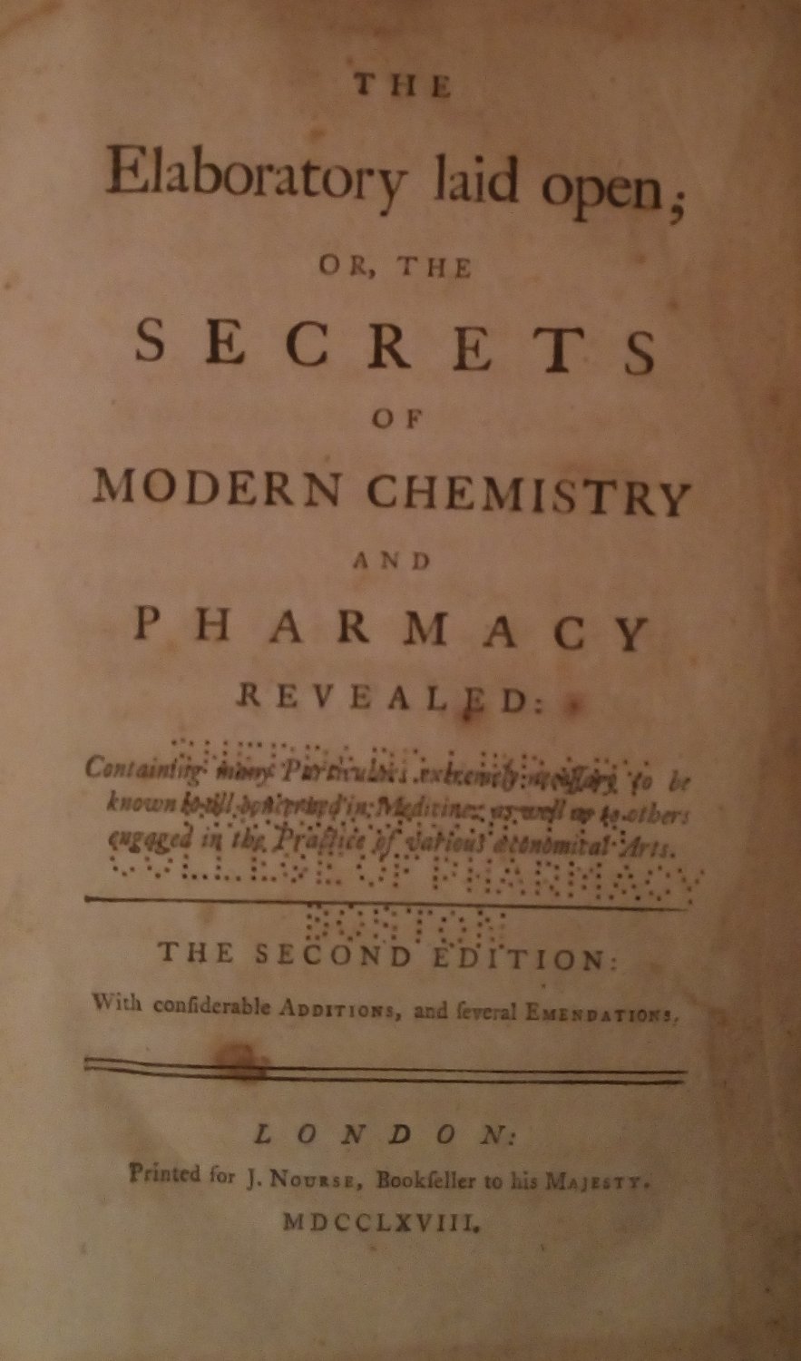 Dossie, Robert, The Elaboratory laid open. Secrets of Modern Chemestry 1768