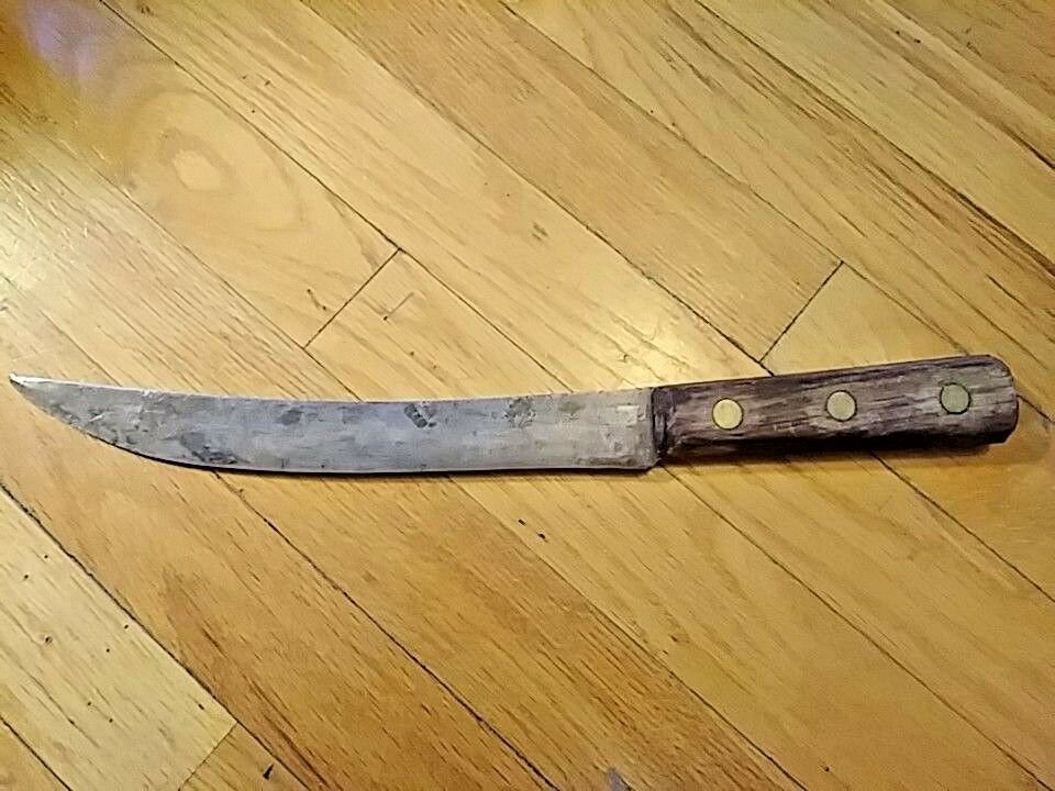 10" Old Vintage Hand Curve Blade Wood Handle Brass Pins Knife