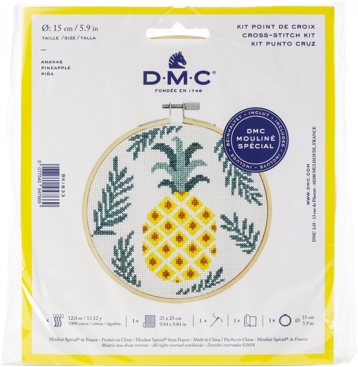 DMC Stitch Kit 6" Diameter-Pineapple (14 Count)