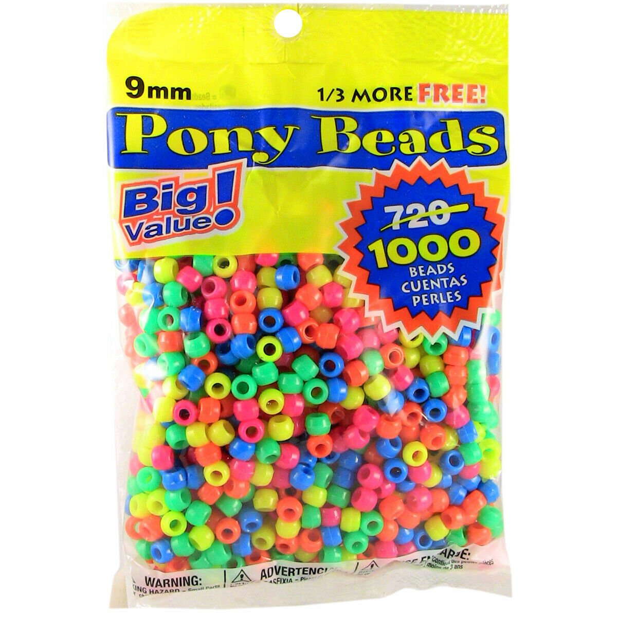 Darice Pony Beads Plastic Opaque Neon 9mm Big Value Pack