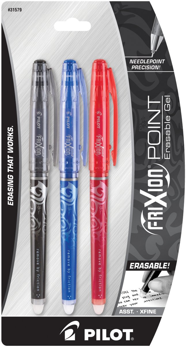 Pilot Frixion Extra Fine Point Erasable Gel Pens 3/Pkg-Black, Blue & Red