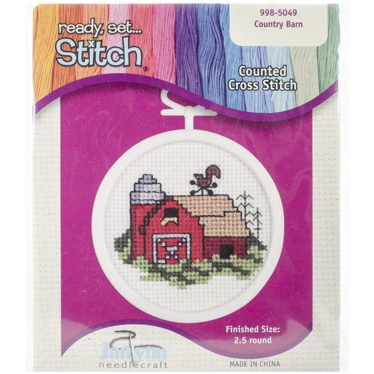 TobinJanlynn Round Mini Counted Cross Stitch Kit, 2-1/2-Inch, Barn