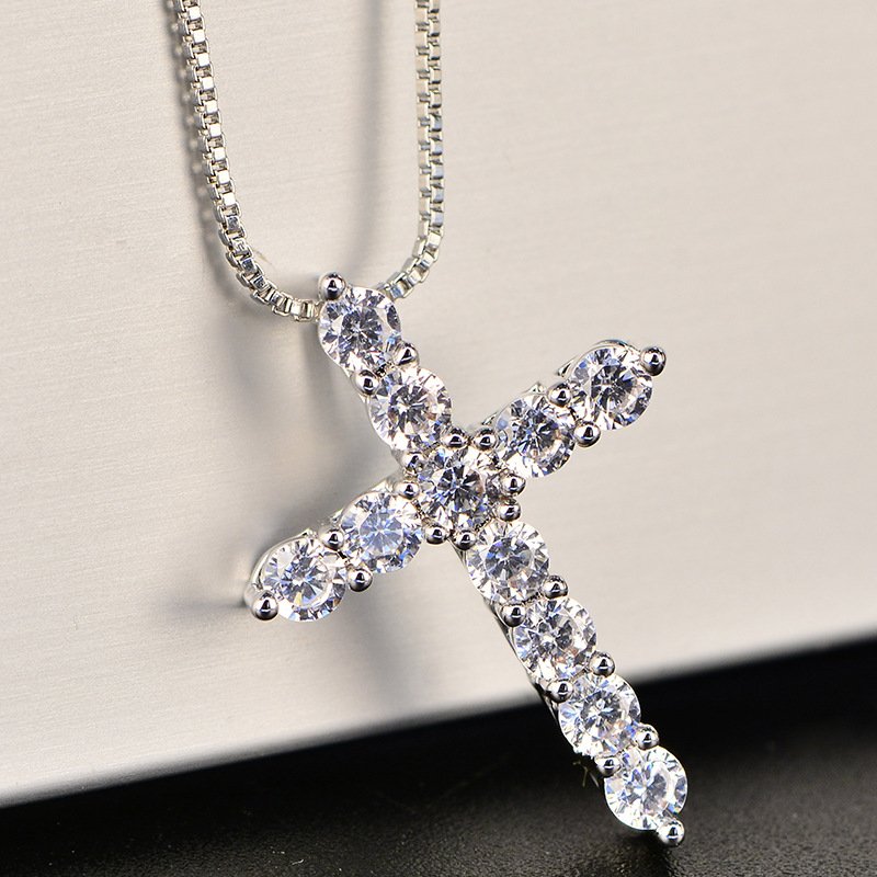 Lucky Female Cross Crystal Pendants Silver Chain Necklaces 5A Shiny Zirconia Choker Necklaces