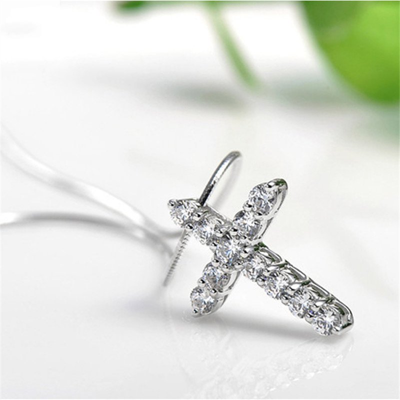 New Latin Cross Charm Necklace with Clear Zircon Elements Crystals Pendant Women's Round Sterling