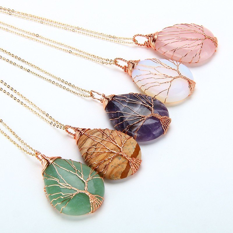 Natural purple Quartz Opal Stone Pendants Handmade Rose Gold Color Tree of Life Wrapped Drop Shaped