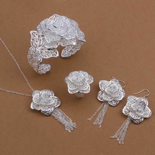 Stunning Filigree Rose Necklace Set Silver Plated 18" 2.5" Extender