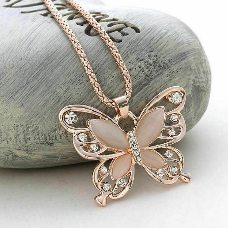 Rose Gold CZ Opal Butterfly Pendant Necklace 28"