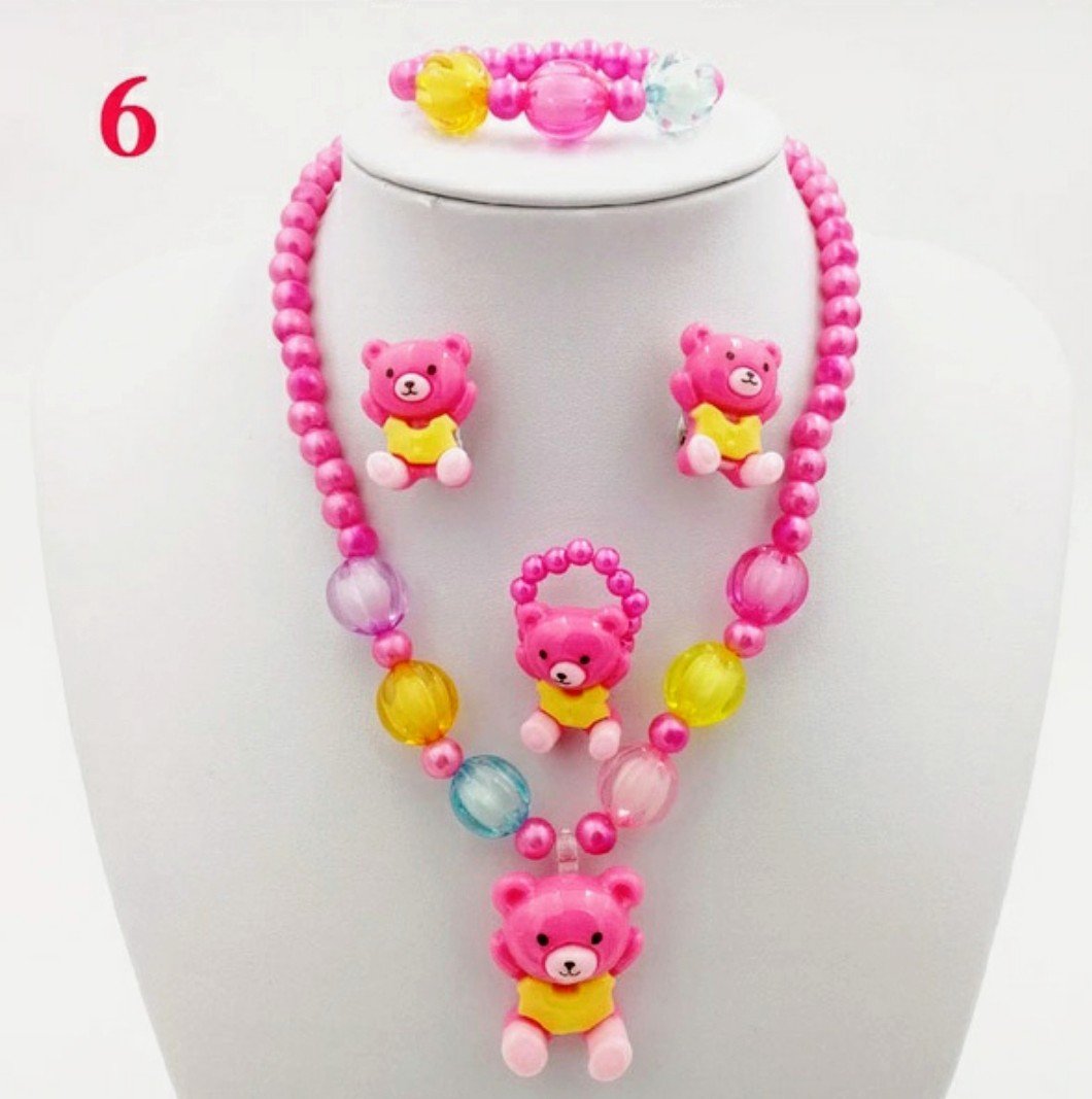 4pc Pink Beaded Bear Jewelry Set