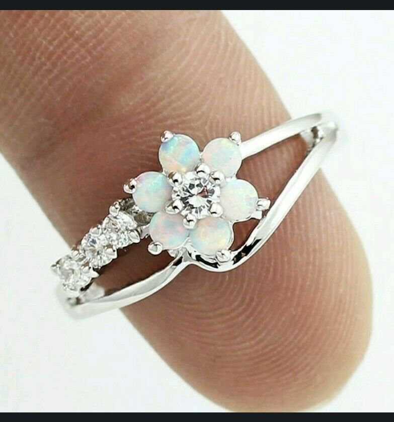 CZ White Fire Opal CZ Ring 925 Silver Plated 6, 7, 8
