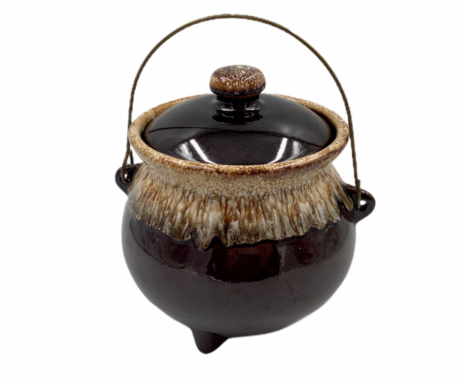 Vintage Ceramic Pot Bean with Lid & metal Handle brown Beige 3 feet Glazed Jar