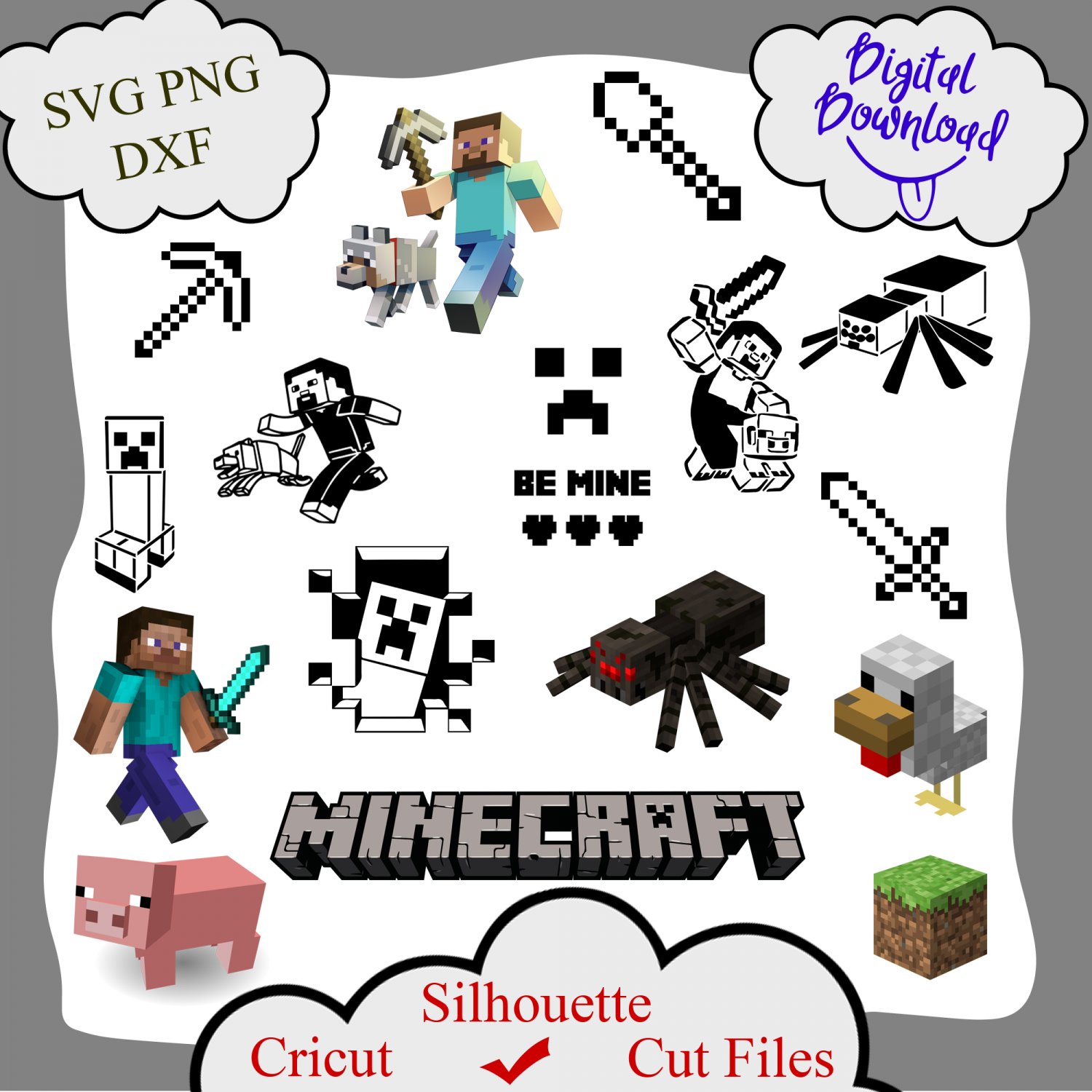 Minecraft Bundle, Steve Pig Creeper Spider Stencil Be mine svg, Bark svg, Digital Download