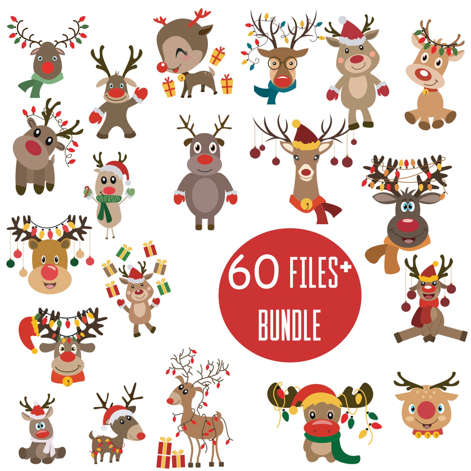 Reindeer svg, Reindeer Face SVG, Deer Svg, Red Nosed Reindeer Set, Kids Christmas Silhouette