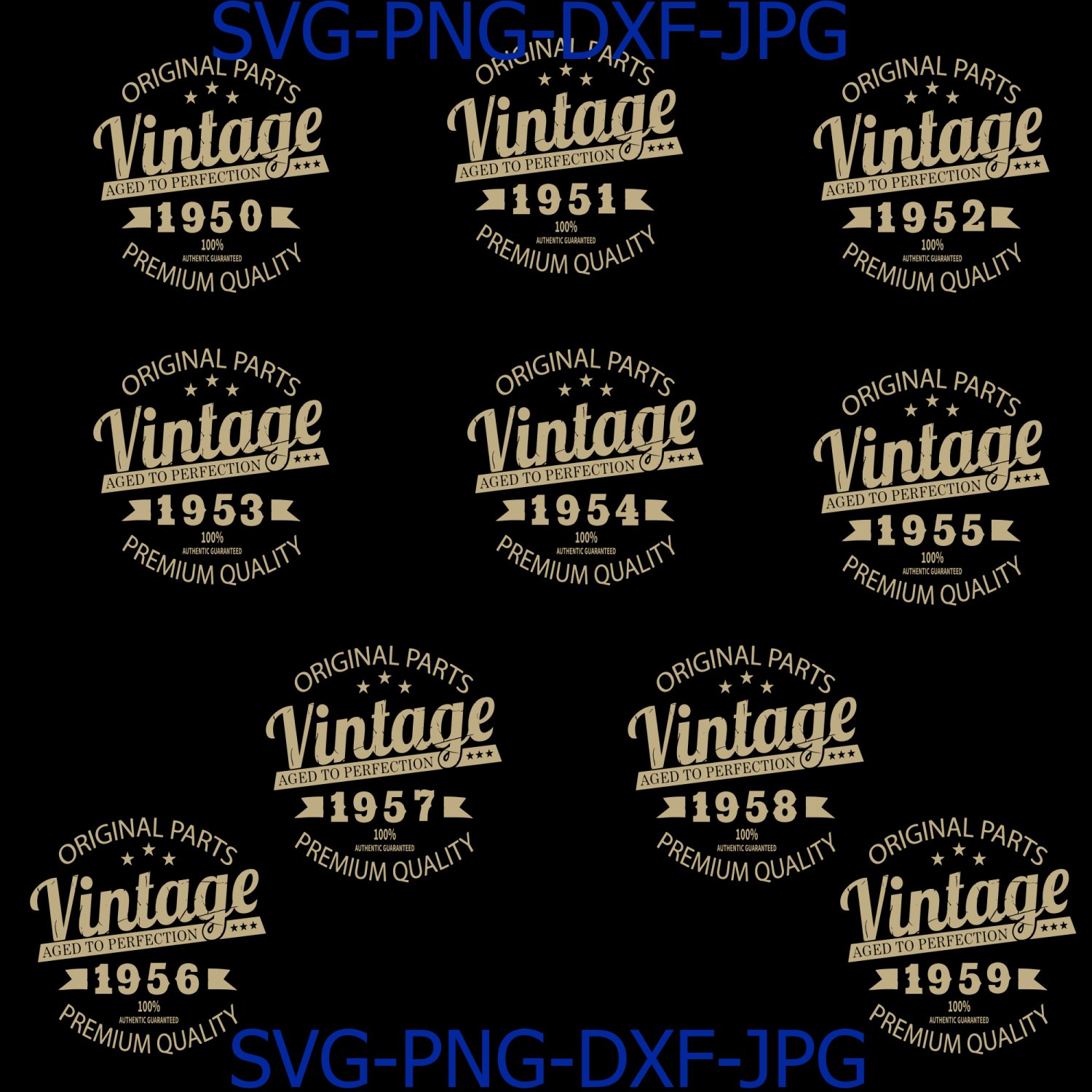 Download Vintage Birthday 1950-1959 Svg Cut File, Aged to Perfection Svg, Birthday Svg, Birthday gift svg