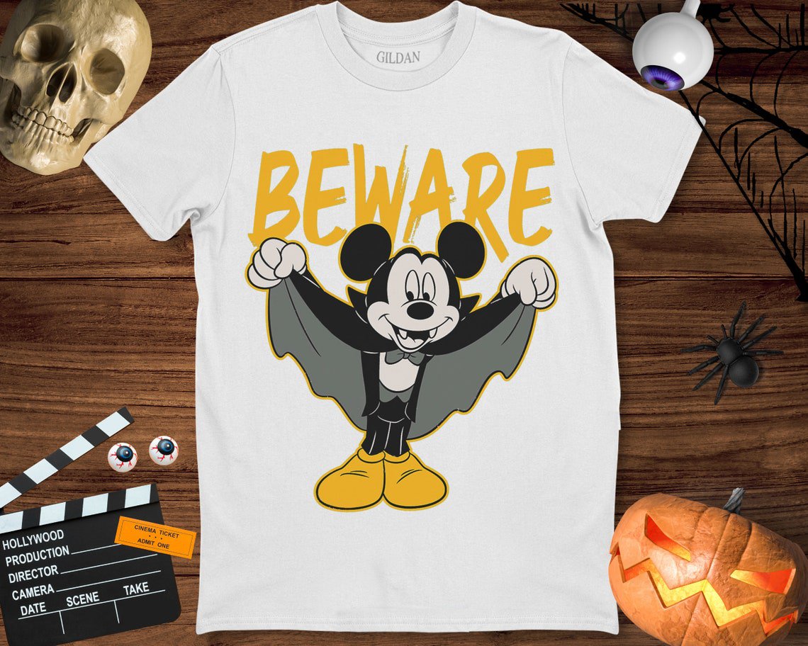 Disney Mickey Mouse Dracula Costume Beware Retro Funny Shirt