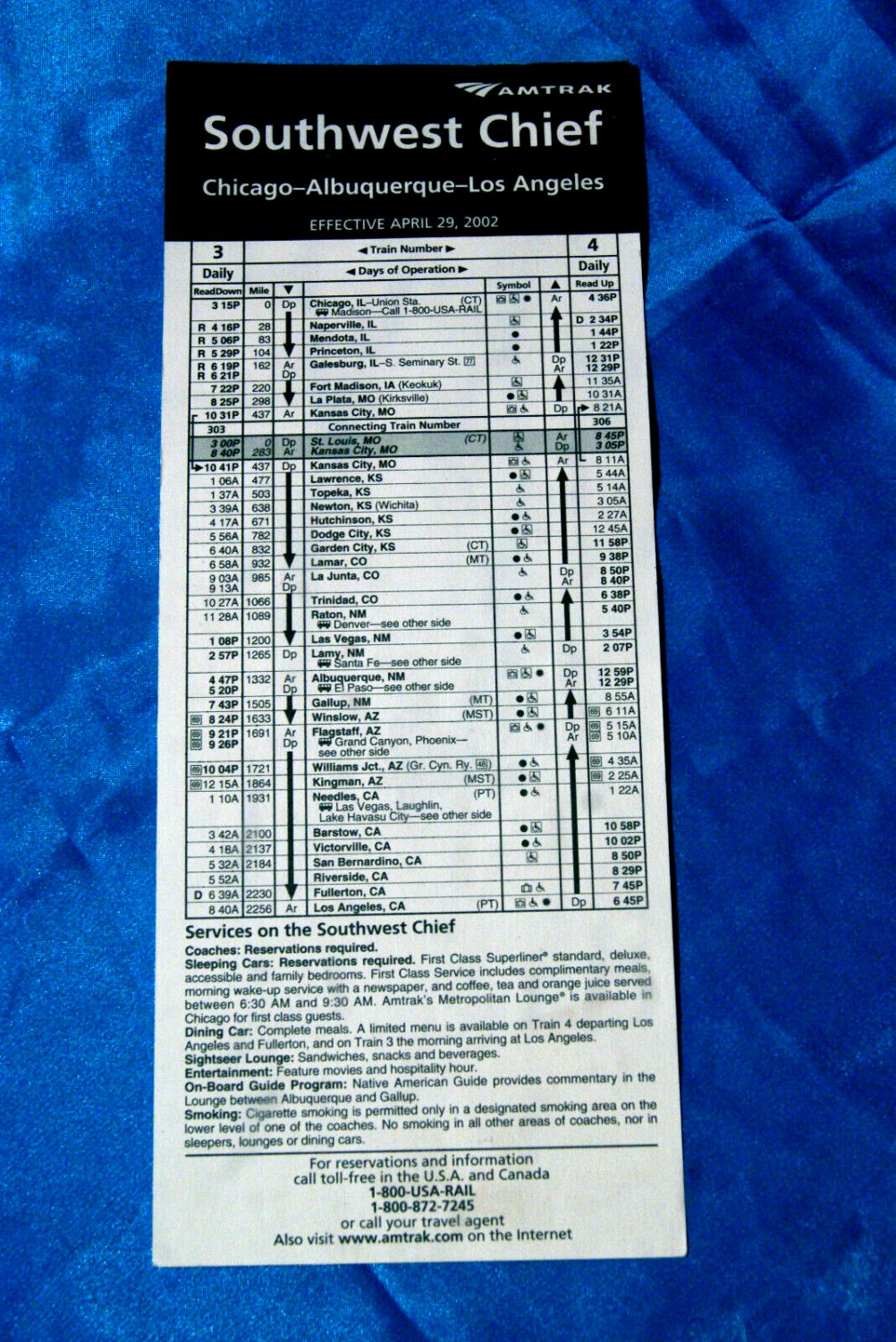 Amtrak Southwest Chief Timetable Card April 29, 2002