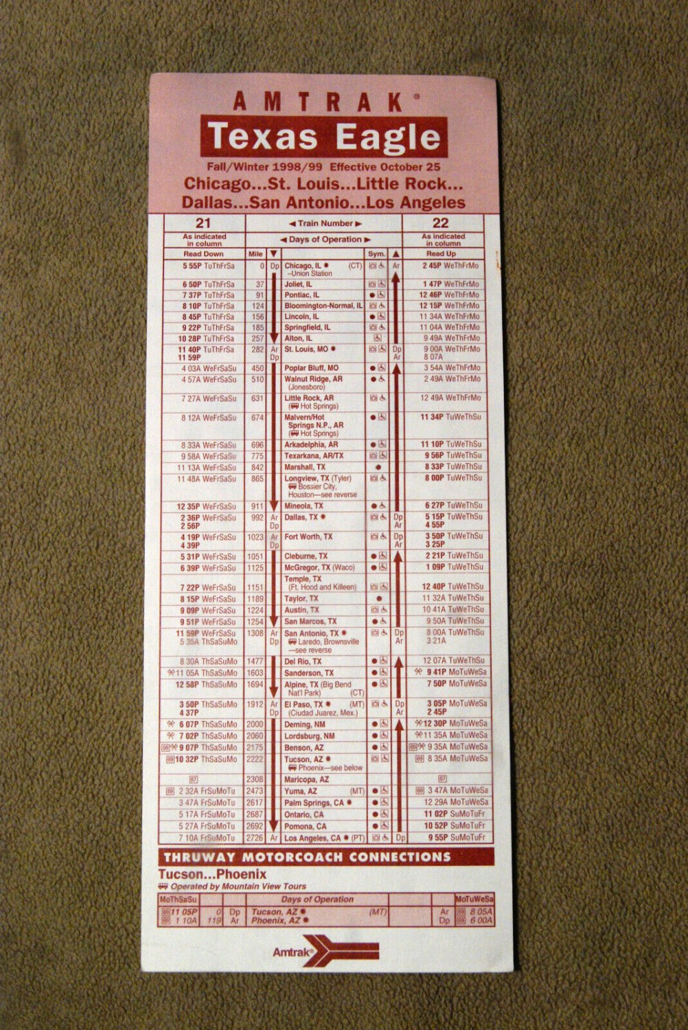 Amtrak Texas Eagle Timetable Card Fall/Winter 1998/99