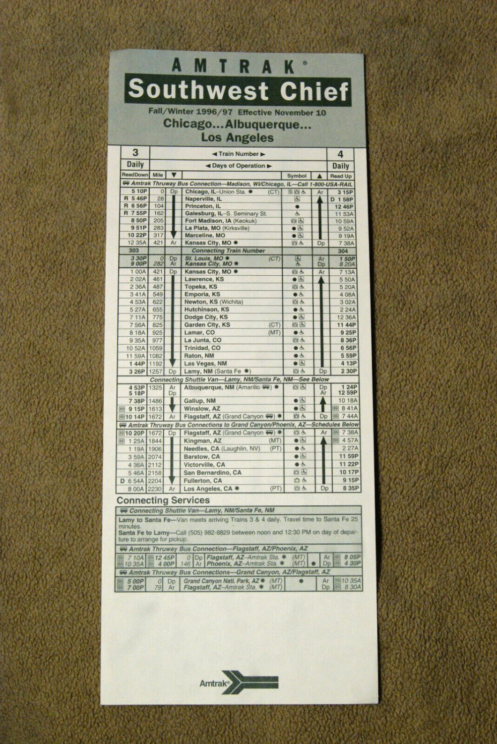 Amtrak Southwest Chief Timetable Card Fall/Winter 1996/97