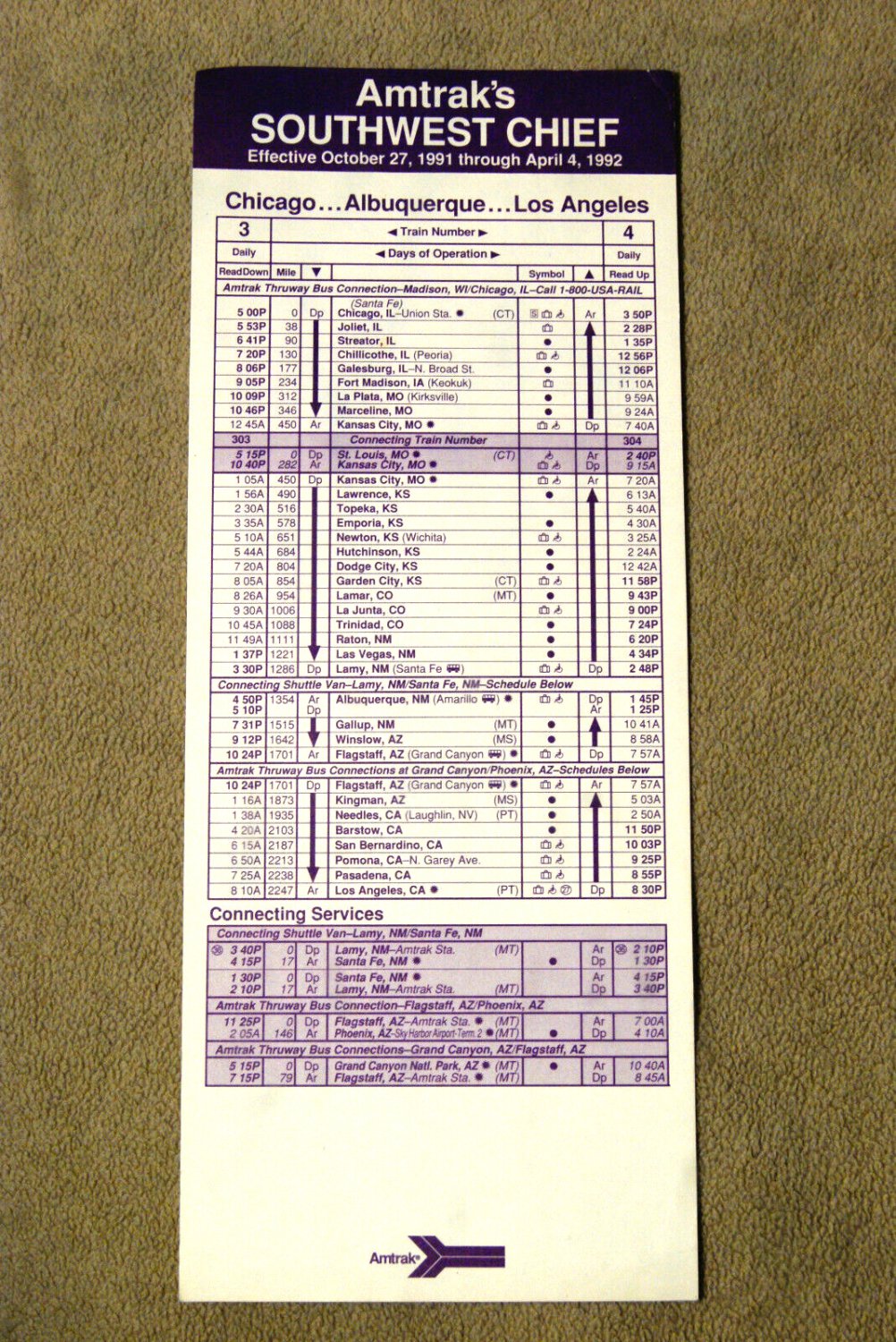 Amtrak Southwest Chief Timetable Card Oct 27, 1991