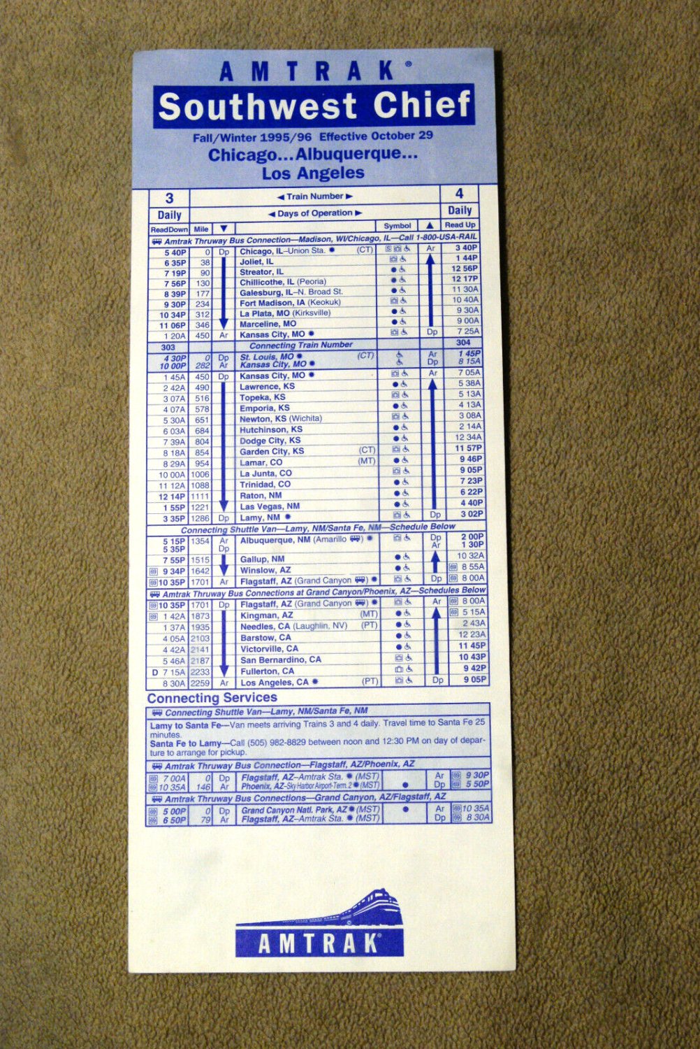 Amtrak Southwest Chief Timetable Card Fall/Winter 1995/96