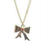 Patriotic Golden Bow with Ruby Red Stone Necklace ~ Estate Find