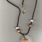 Golden and Pink Large Wooden Disk on Black Corded Necklace 24 inches