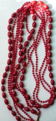 48 Inch Red Plastic Three Row Necklace - Vintage