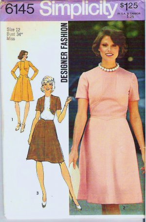 Simplicity Pattern 6145 Uncut 1973 Misses Designer Fashion Dress Size 12
