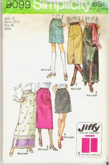 1970 Uncut Simplicity Jiffy Pattern 9099 Three Skirt Lengths mini midi maxi