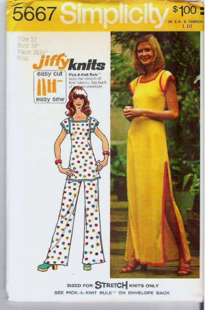 Simplicity Pattern 5667 Uncut 1973 - Sz 12 - Simple Jiffy Dress or Tunic and Pants