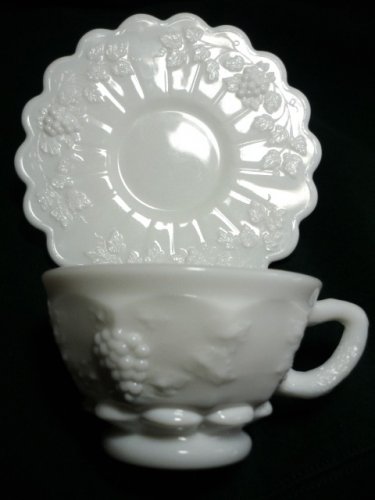 Westmoreland Glass Paneled Grape Pattern Cup n Saucer Set Milk White - Vintage