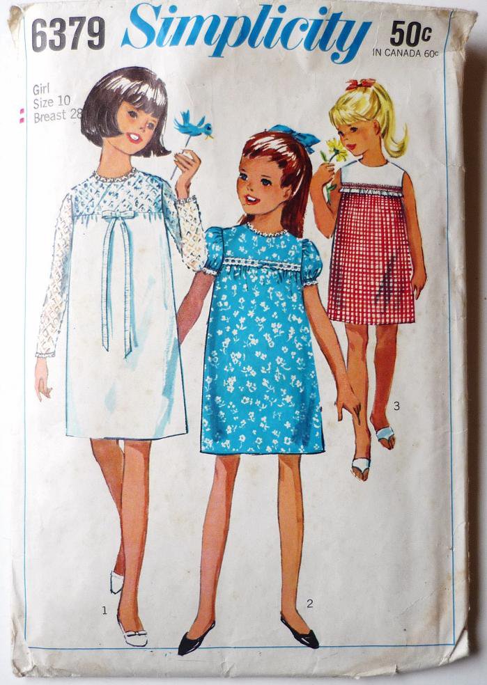 Simplicity Girls Pattern 6379 Yoke Dress w Puff or Long Sleeves Sz 10