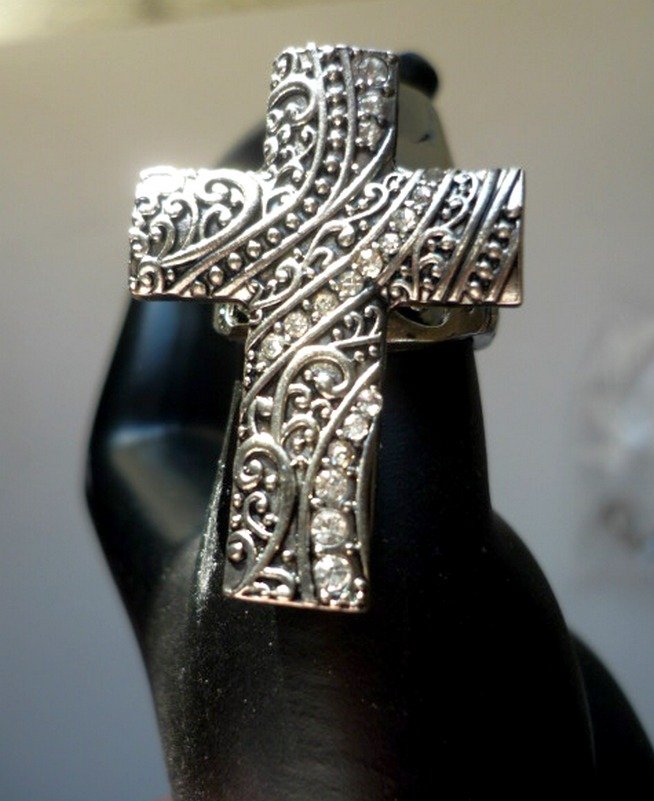 New Cross Rhinestone Ring Christian Stretch Ring Size 7 - 9