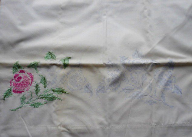 Cross Stitch Pillowcase Partially Completed Rose