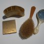 Gold Tone Compact w Mirror, Celluloid mirror, celluloid brush and Grooming box Lot